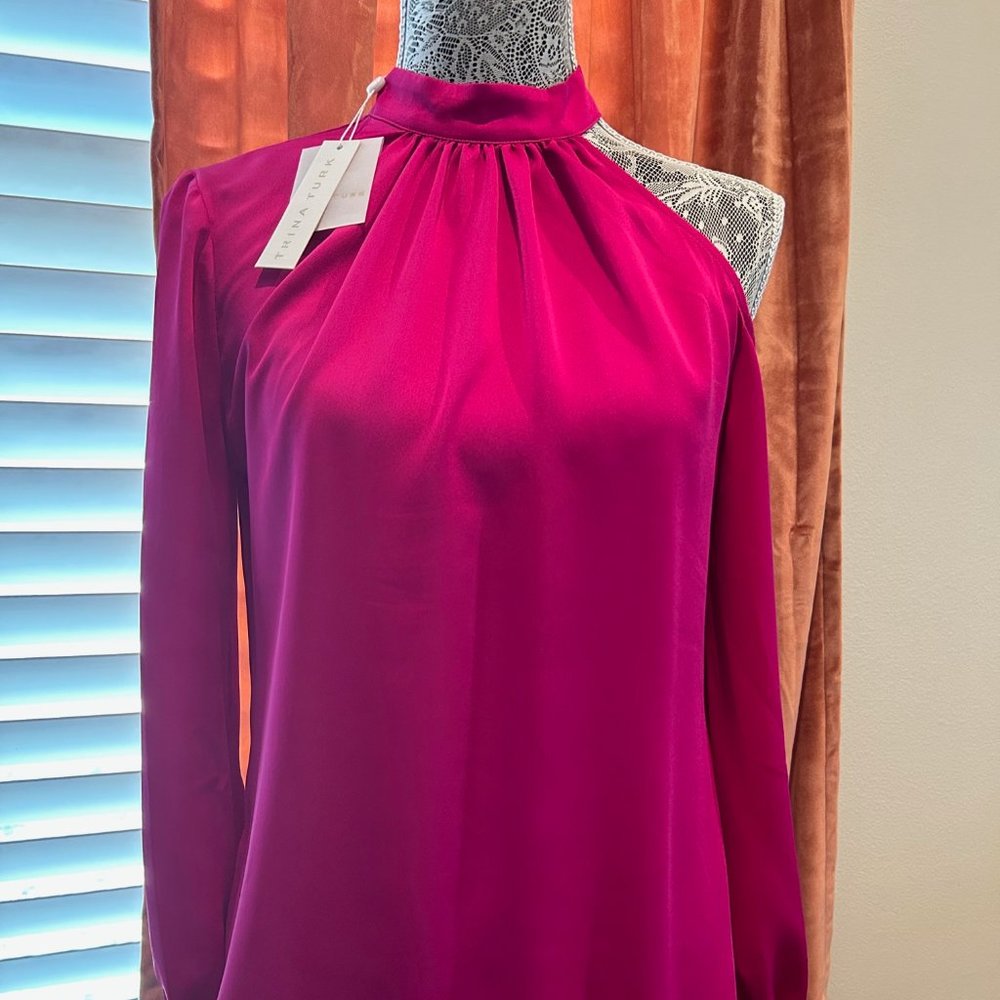 TRINA TURK Negroni Top Magenta NWT Blouse Satin Georgette One-Shoulder